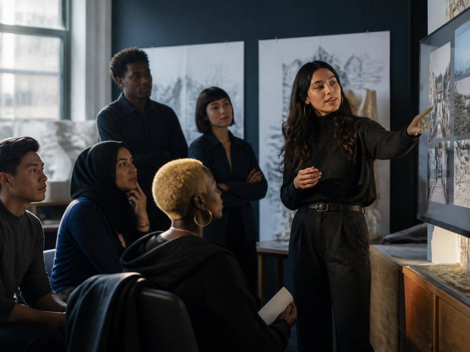 A student presenting work to a diverse group of listeners in a studio