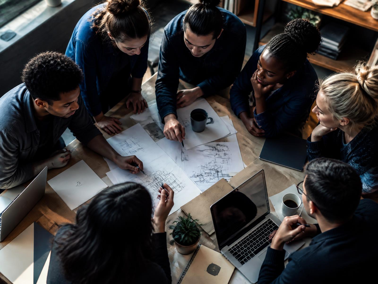 An overhead view of a diverse team working over sketches and laptops